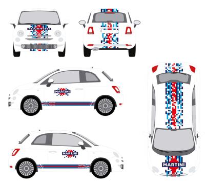 KIT DECO MARTINI PIXELS FIAT 500 - ABARTH Sticker Autocollant Racing Le Mans UNIVERSEL : adaptable tout type véhicule F5MART-PIXELS-WHT