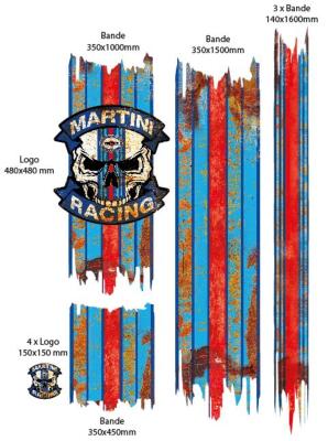 KIT DECO MARTINI - SKULL ET LARGE BANDE EFFET ROUILLE RUSTEE- stickers sticker autocollant RACING